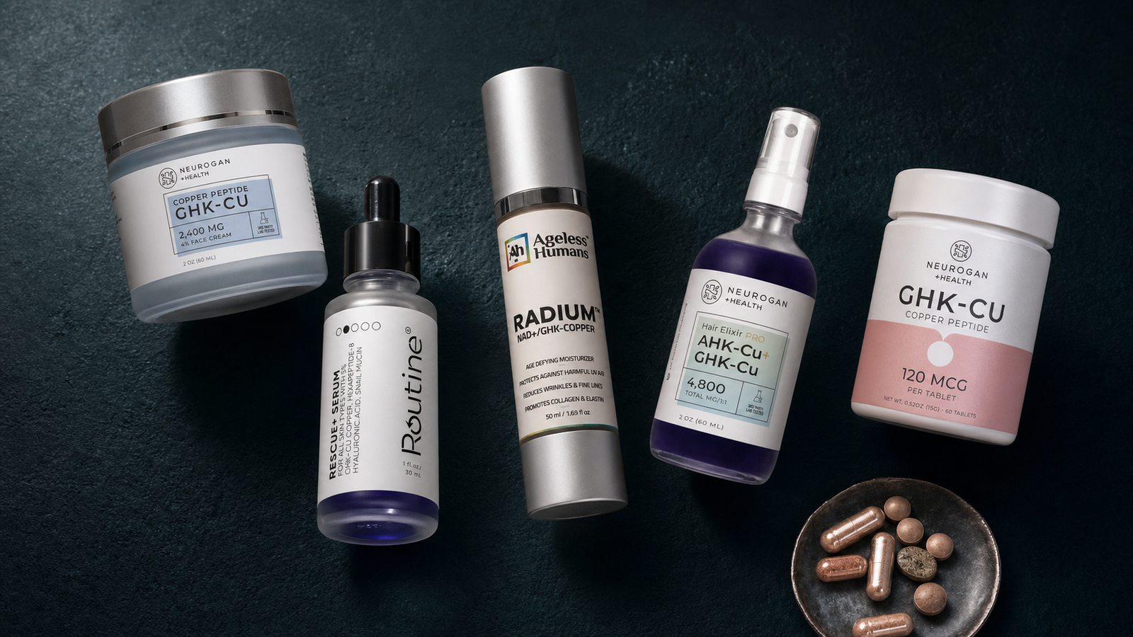 GHK-Cu copper peptide skincare collection — Novaglo Labs GHK-Cu Advanced Cream, Rescue+ Multi-Peptide Serum, Radium NAD+ cream, AHK-Cu hair serum, and GHK-Cu copper peptide tablets arranged on dark background