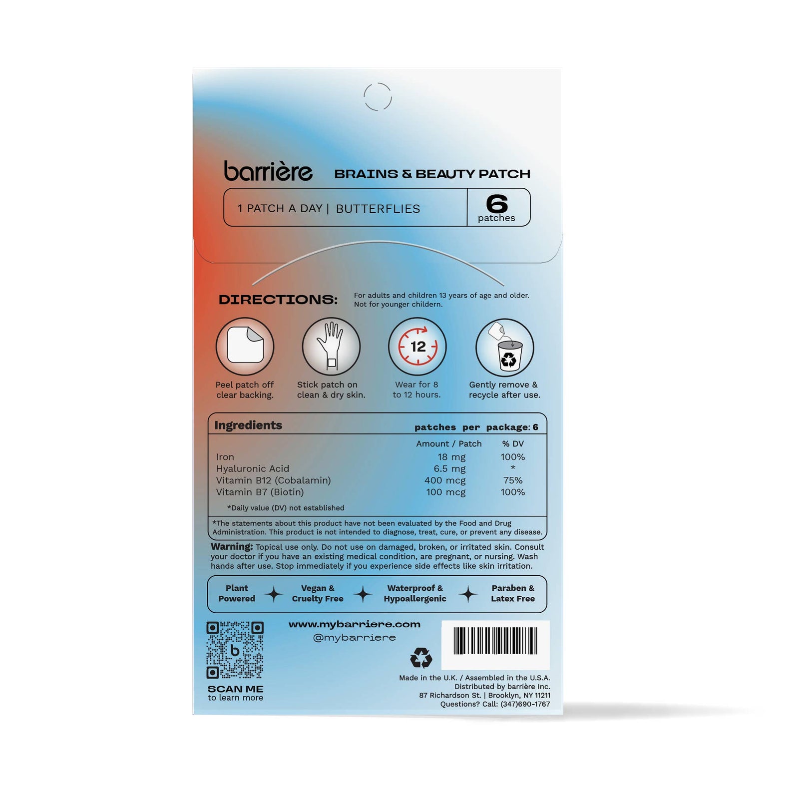 Barriere Brains & Beauty Vitamin Patch 6pk  - Butterflies Print