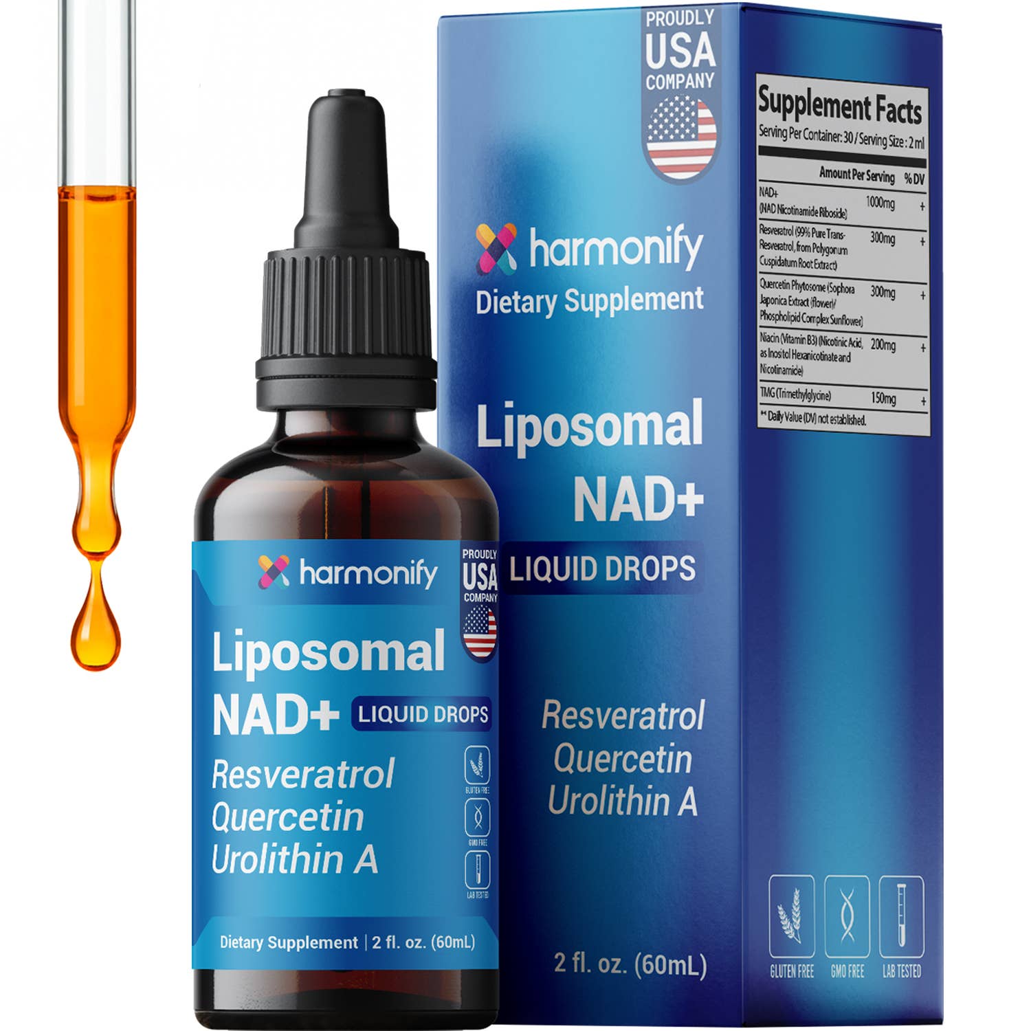 Harmonify Liposomal NAD+ Liquid Drops — 1000mg NR + Resveratrol & Quercetin