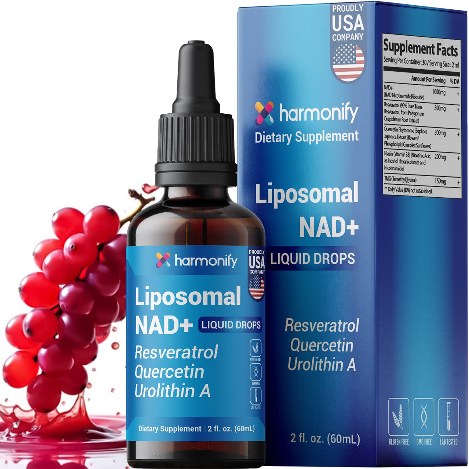 Harmonify Liposomal NAD+ Liquid Drops — 1000mg NR + Resveratrol & Quercetin