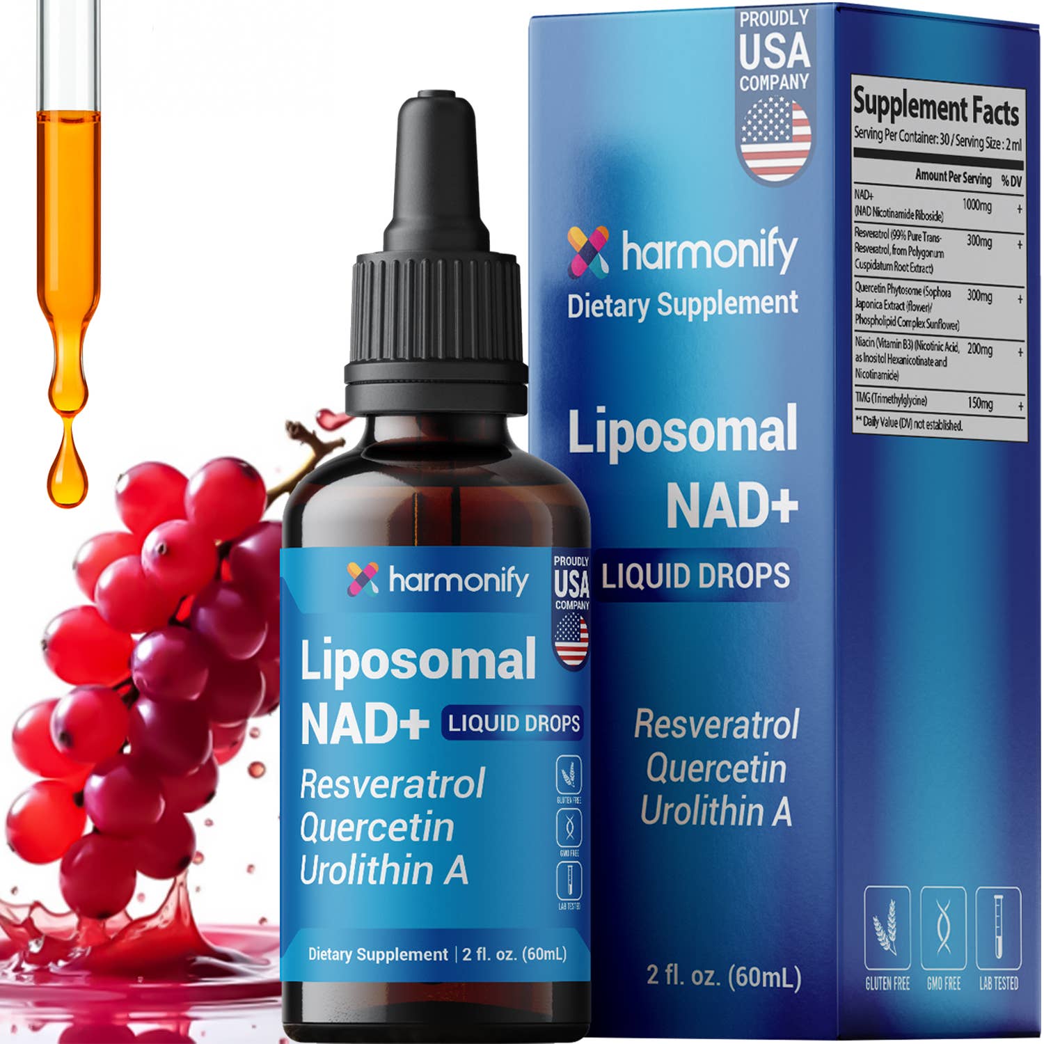 Harmonify Liposomal NAD+ Liquid Drops — 1000mg NR + Resveratrol & Quercetin