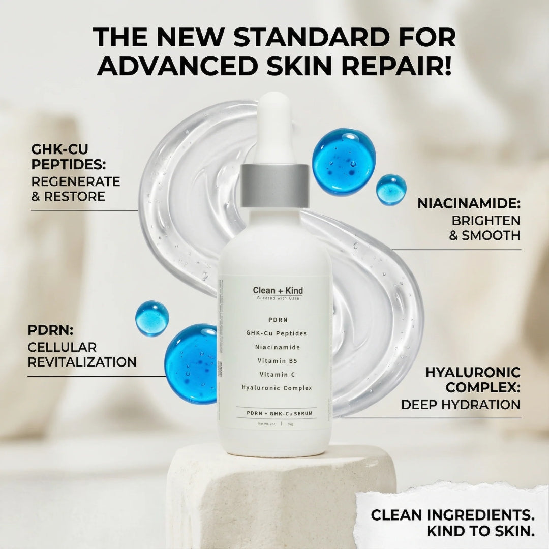 Clean+Kind GHK-Cu PDRN Serum ingredient callout — GHK-Cu peptides, PDRN, niacinamide, vitamin C, vitamin B5, hyaluronic complex for advanced skin repair