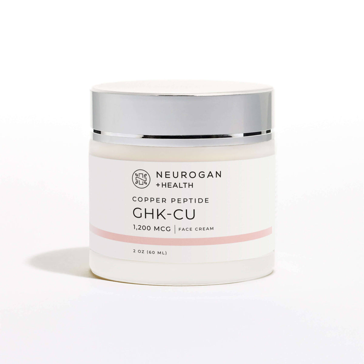 Neurogan GHK-Cu face cream, a copper peptide cream in a 2 oz (60 ml) white jar with a silver lid